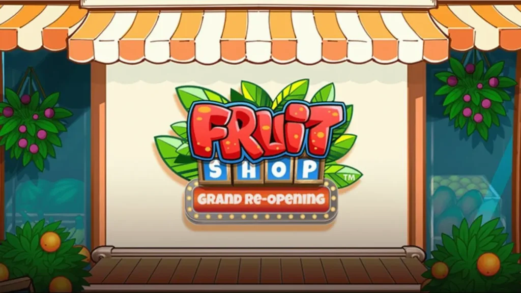 Fruit Shop Grand Re-Opening স্লট গেমের রঙিন ইন্টারফেস এবং ফলের প্রতীকসমূহ